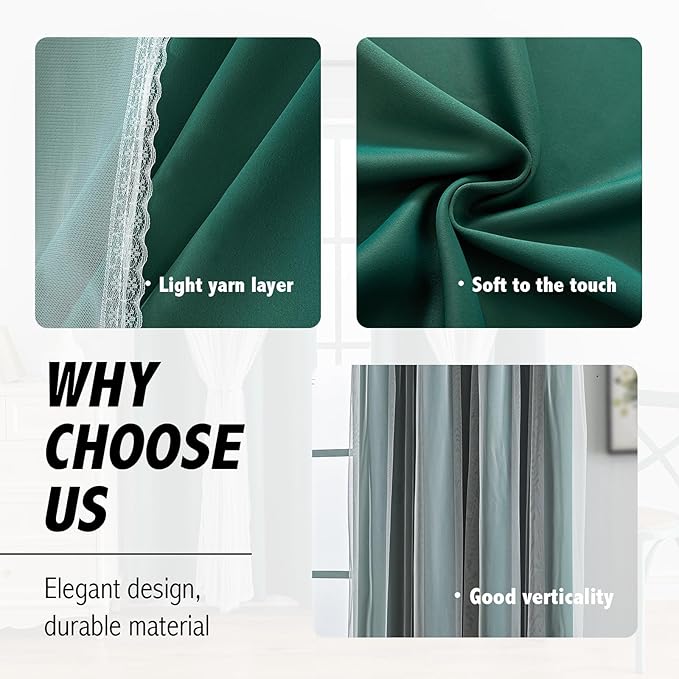 Anytime Home Curtains Blackout and Sheer Layered Solid Window Curtain Panel Pair with Grommet Top, 52Wx95L,Dark Green