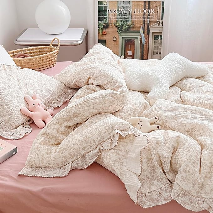 AOJIM Kids Muslin Duvet Cover with Forest Themed Patterns, Pure Cotton Toddler Comforter Cover 59X79'', Ruffled Design Baby Crib Quilt Cover 2-Layer Gauze for Boys Girls, No Comforter or Pillowcases