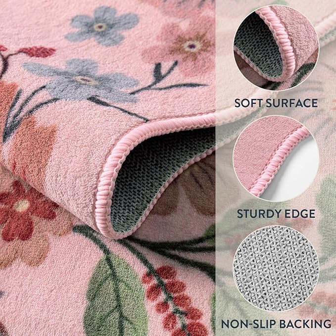 Lahome Floral Washable Rugs, 4X6 Pink Rugs for Bedroom Girls Ultra-Thin Soft Living Room Rug, Non-Slip Stain Resistant Boho Lightweight Low-Pile Throw Carpet for Nursery Office (4x6ft, Pink)