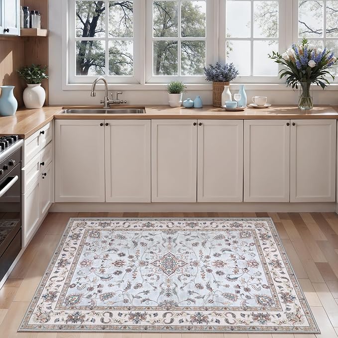 Tangsoo 2x6 Washable Runner Rug for Hallways,Vintage Boho Light Blue Non Slip Rug Runner, Soft Low Pile Persian Floral Entryway Floor Carpet for Kitchen Bedside Bathroom Kid & Pets Friendly Home Decor