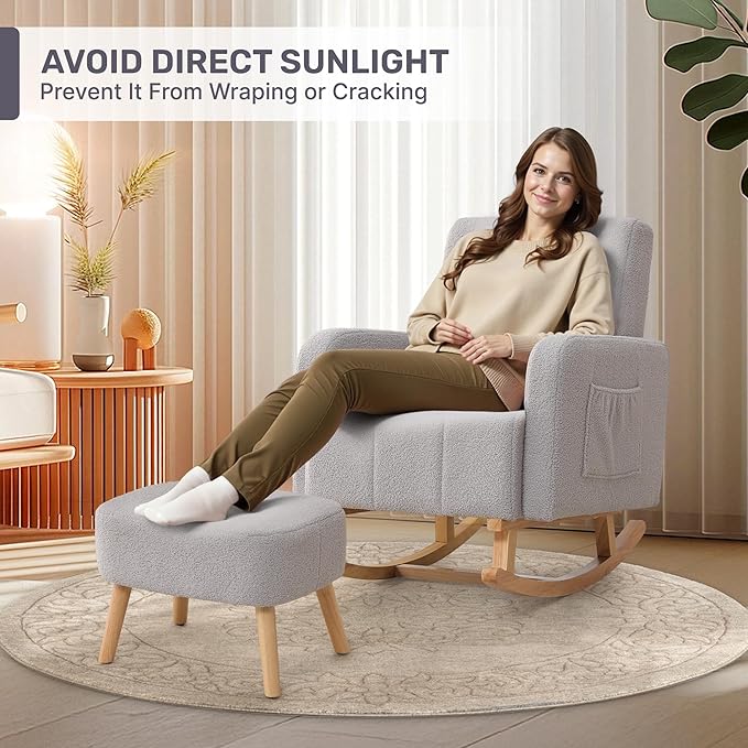 Rocking Chair with Ottoman, Nursing Glider Rocker with High Backrest and Side Pocket, Comfy Reading Chair with Solid Wood Legs for Nursery/Living Room/Bedroom Light Grey