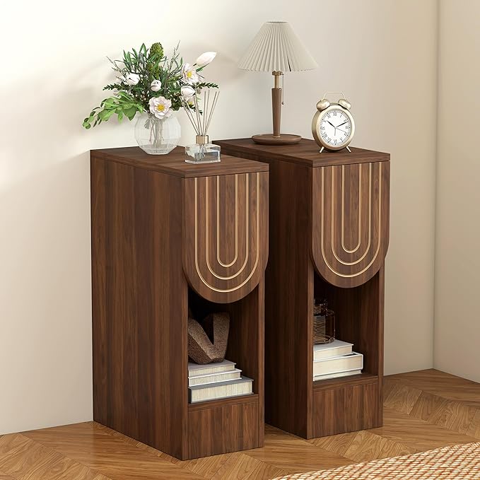 Narrow Nightstand, Mid-Century Modern Bedside Table with Carved Drawer and Storage Shelf, Slim Side End Table for Bedroom Small Space, Wooden Farmhouse Night Stand (1, Walnut)