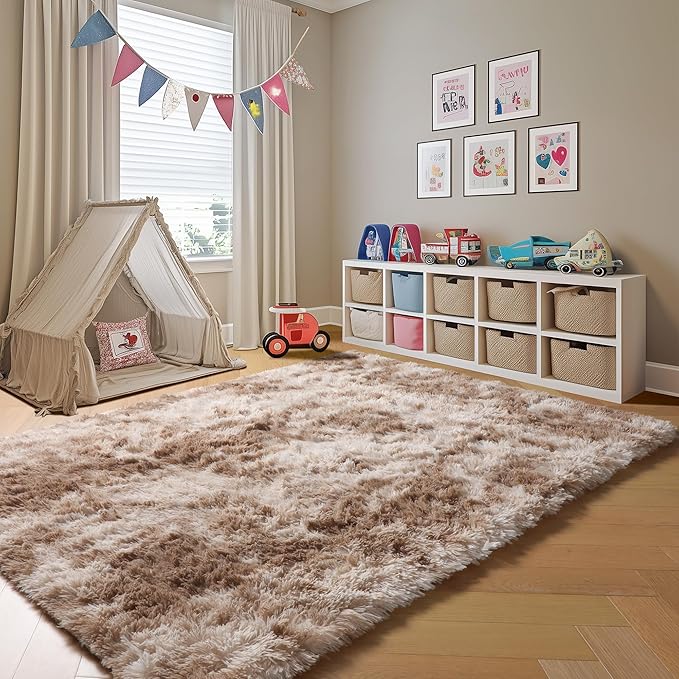 ONASAR Area Rugs for Bedroom Living Room, Washable Fluffy Tie-Dye Beige 4x6 Indoor Bedside Floor Throw Rug, Soft Plush Shaggy Carpet for Nursery Kids Girls Boys Teen Dorm Home Office Decor Aesthetic