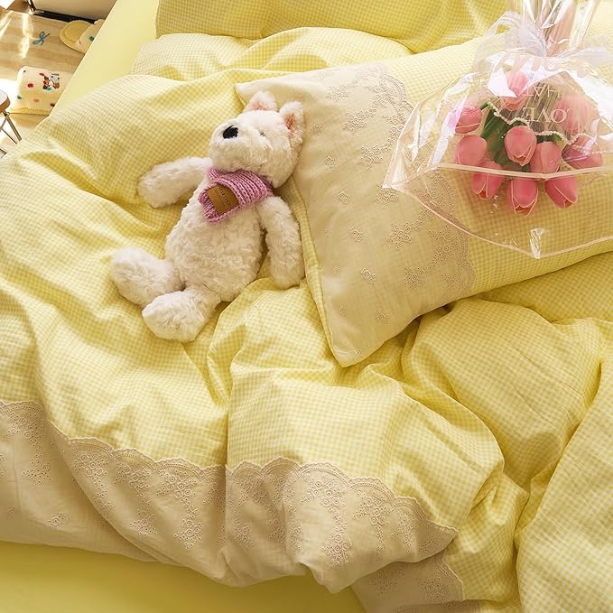 LifeTB Yellow Gingham Duvet Cover Full 3 Pieces Romantic Lace Comforter Cover Soft Microfiber Cream Yellow Grid Duvet Cover Farmhouse Plaid Checkered Comforter Cover Grid Gingham Bedding Set