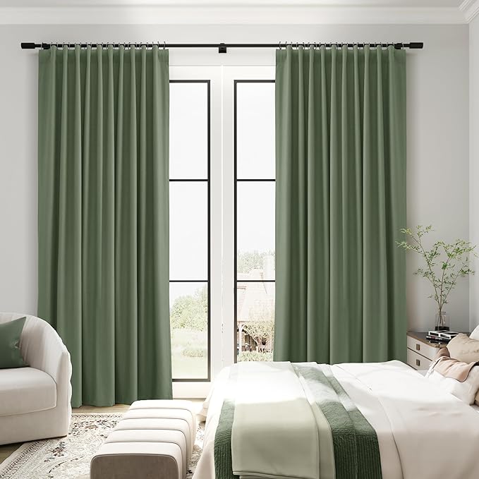 Olive Green Linen 100% Blackout Curtains for Dining Room 2 Panels Set 80 Inches Long Back Tab Hook Belt Funky Heavy Sound Proof Heat Blockingr Curtain for Living Room Nursery Forest Green 52x80