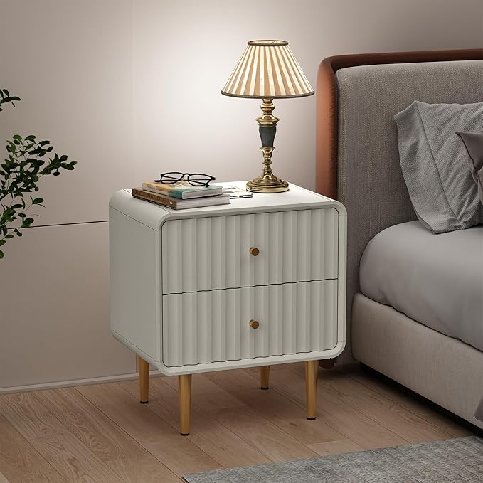 HLR Modern Nightstand, Fluted Bed Side Table with 2 Drawers Storage, Wood End Table with Gold Metal Handle, White Night Stands for Bedroom
