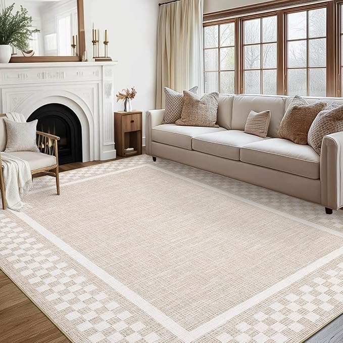 GarveeHome Modern Bordered 8x10 Area Rugs for Living Room Bedroom Soft Washable Large Bedroom Throw Carpet Non Slip Checkered Geometric Rugs for Dining Room Home Decor Office, Beige