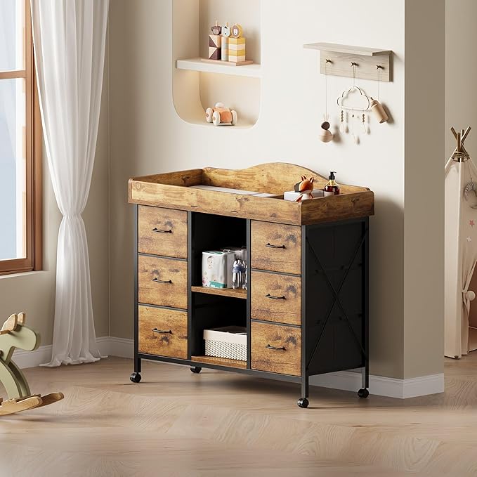 Changing Table, 6-Drawer Baby Dresser with Changing Table top,Waterproof Diaper Changing Station & Pad, 2 Height-Adjustable Open Storage Shelves, Mobile Nursery Organizer, Rustic Brown