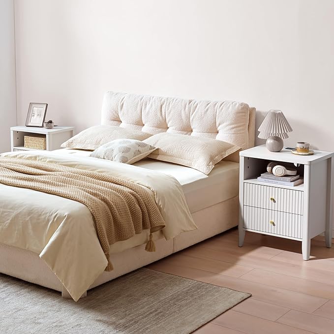 Fluted Nightstand with Charging Station, 21" Wide Modern Bedside Table with 2 Drawers & Open Shelf, Wood End Table with Storage & Metal Handle for Bedroom, Small Spaces, Creamy White