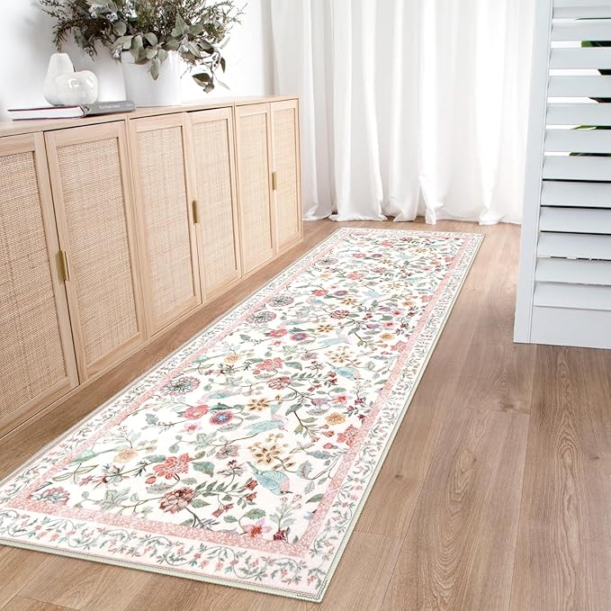Floral Washable Runner Rug, 2.6x8 Pink Rug Runners for Hallways Non-Slip, Soft Low Pile Flower Birds Long Bathroom Mat Botanical Throw Carpet for Kitchen Laundry Entryway Porch