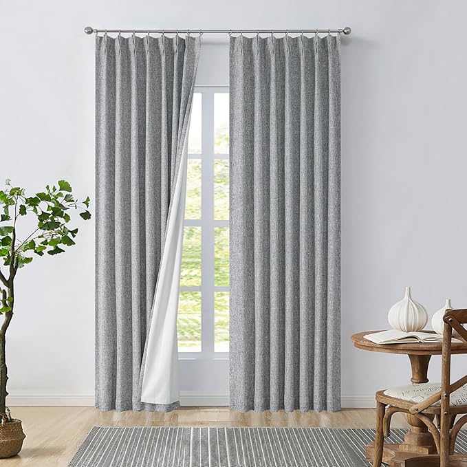 Central Park Pinch Pleated Full Blackout Curtain Panels Linen Texture Thermal Insulated Window Treatment Sets with Back Tab for Farmhouse Living Room Bedroom Drape with Hooks, 40"x90"x2, Dark Grey
