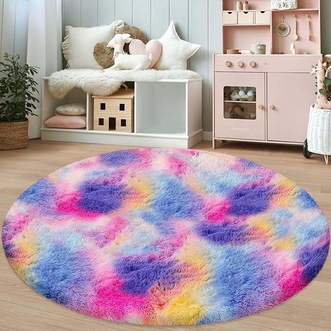 5 ft Soft Rainbow Rug for Girls Room, Fluffy Shaggy Princess Circular Big Rug Colorful Carpet for Kids Teens Toddler Playroom Nursery Reading Nook, Home Decor,Hot Pink
