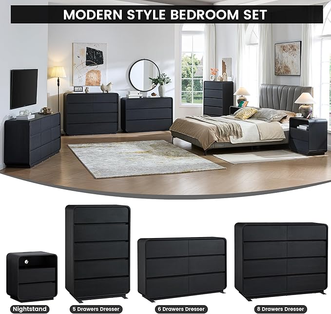 Curved Dresser with 6 Drawers, 47" Wide Chest of Drawers with Clothes Storage Organizer, Wood Dresser Closet for Living Room, Hallway (Black)