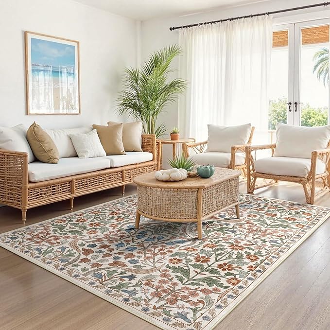 5x7 Washable Area Rug for Living Room, Floral Non-Slip Non-Shedding & Easy Care, Soft Low Pile Forest Boho Indoor Floor Carpet for Living Room, Bedroom, Farmhouse, Dining Room, Kids Playroom, Beige