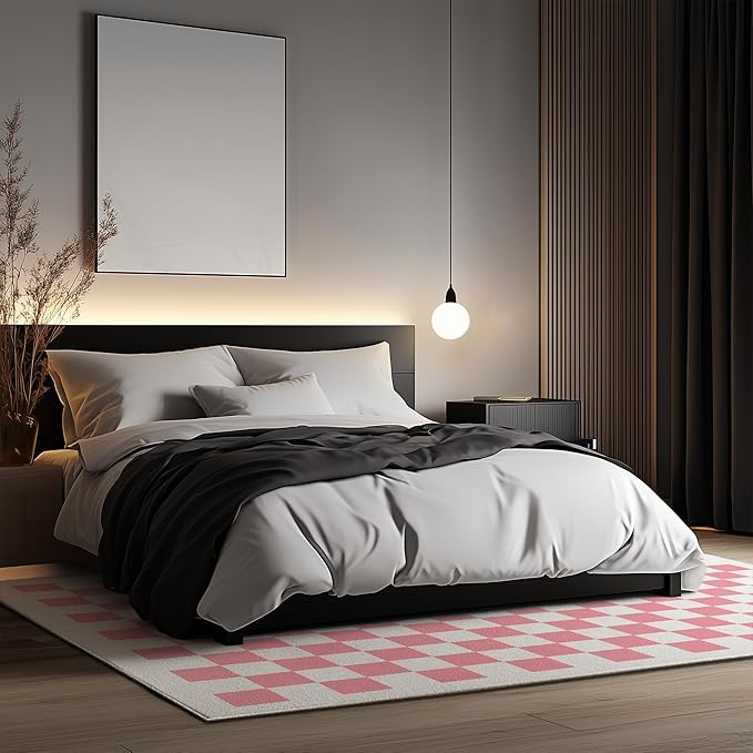 Washable Checkered Rug, 3x5 Pink Checkerboard Modern Boho Foldable Small Area Rugs, Low Pile Ultra-Thin Non-Slip Indoor Doorway Doormat Carpet for Office Kitchen Bedroom Entryway Front Door