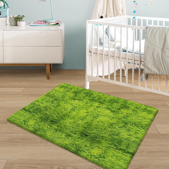 Soft Fluffy Tie Dyed Grass Green Shag Rug 2x3 Small Green Area Rug Carpet for Bedroom Door Entryway Indoor Inside Front Entrance Green Mat Non Slip, Home Decor Aesthetic, Nursery