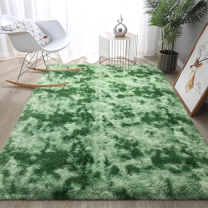 DweIke Fluffy Sage Green Shag Rugs for Bedroom Living Room, 3x5 Feet Soft Plush Tie-Dyed Mint Green Girls Boys Kids Rug, Non-Slip and Machine Washable Carpet for Dorm Nursery Classroom Decor
