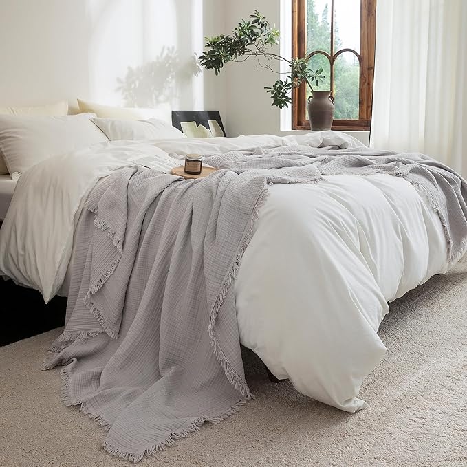 FOSSA Muslin Blanket with Fringe - 4-Layer 100% Cotton Gauze Super Soft & Breathable Throw -Lightweight Decorative Cooling Blanket for Bed, Sofa, Office -Twin XL Size 90" x 66" (Grayish)