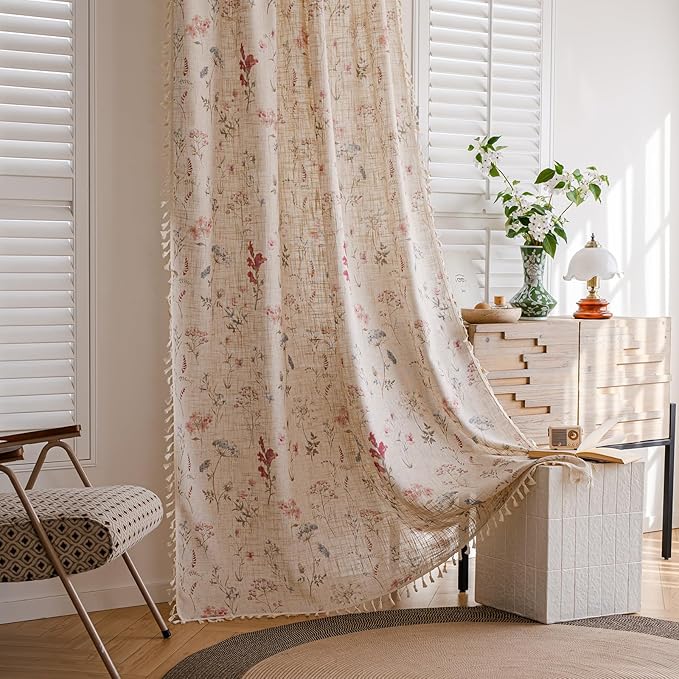 OYX Floral Curtains 2 Panels 52x63 Inches, Boho Tassel Semi-Sheer Light Filtering, Rod Pocket Farmhouse Window Drapes for Bedroom Living Room Dining Room, Bohemian Aesthetic Decor