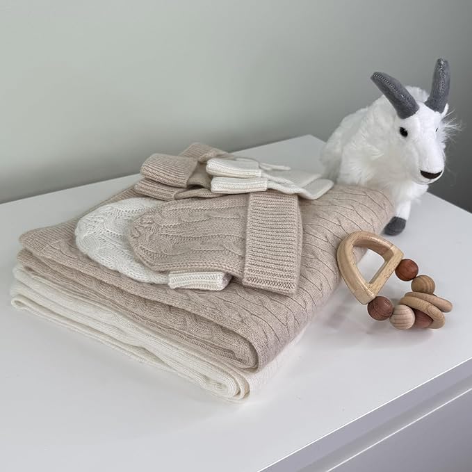 Jet&Bo BABY 100% Cashmere Baby Blanket, Beanie and Booties Gift Set Cable Knit Design in Brown Sugar – Unisex, Size 0-6 Months - Gift Box and Card Included