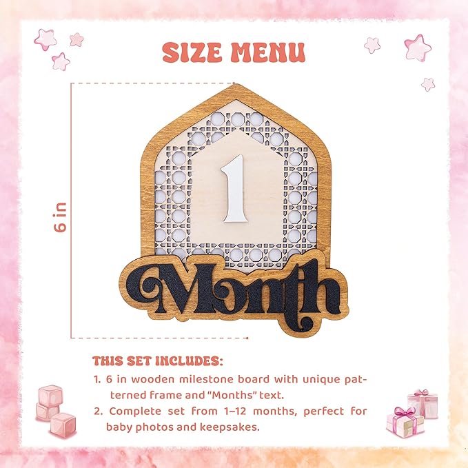 Wooden Baby Monthly Milestone Set with Patterned House Frame, 3D Numbers and Month Months Signs, Natural Wood Newborn Photo Prop for Baby Monthly Pictures