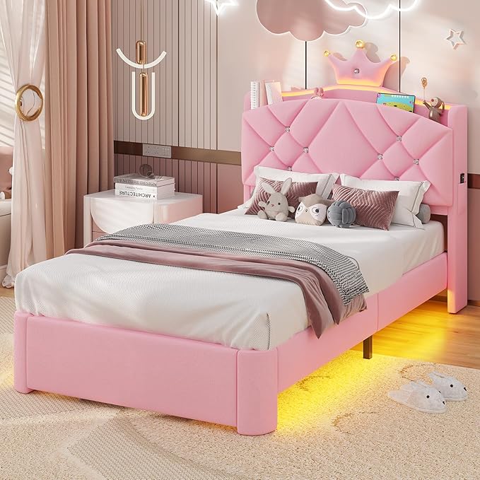MSmask Twin LED Bed Frame with Storage Headboard & Drawer, Princess Upholstered Bed with Charging Station & Crystal Button & Crown, Velvet Platform Bed for Girls, Solid Wood Slats, Curved Legs, Pink