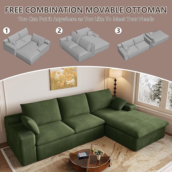 Cloud Sectional Couch,107 Inch Modular Sectional Sofa with Deep Seat, Modern Corduroy Boneless Couches with L-Shape Chaise for Living Room Bedroom, No Assembly Required (Green, Right Facing Chaise)