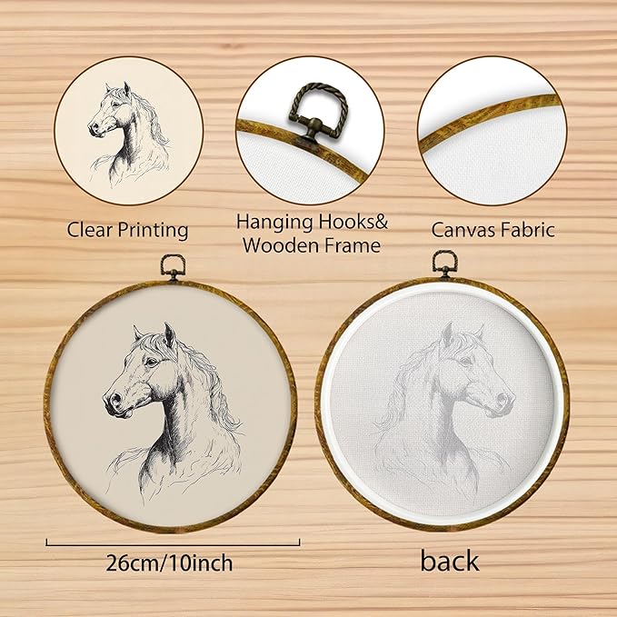 Hiuwevt Vintage Horse Round Wall Art Decor, Minimalist Sketch Horse Framed Canvas Prints, Farmhouse Animal Round Wall Hanging Decor for Bedroom Home Living Room Decorations, 10x10 Inches