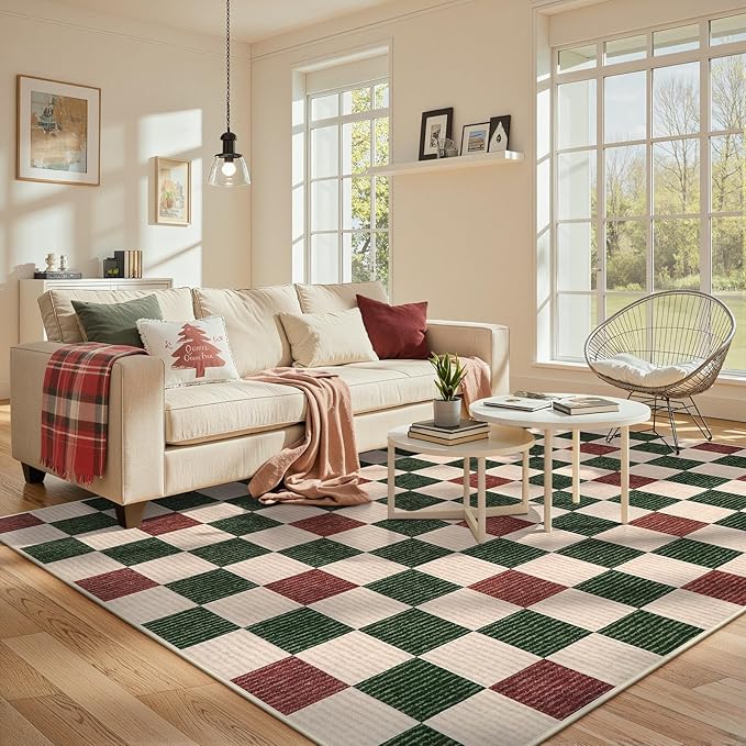 LIVEBOX 8x10 Christmas Area Rugs for Living Room Clearance, Checkered Non-Slip Washable Rugs, Farmhouse Neutral Classic Pattern Boys Area Rug for Bedroom, Carpet for Dining Room(Christmas,8'x10')