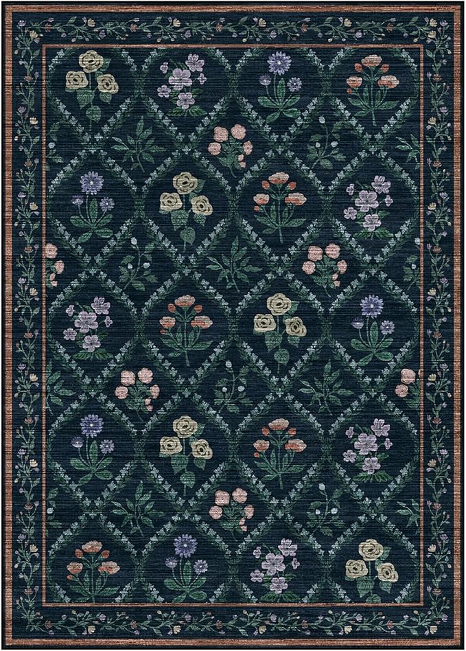 5x7 Washable Area Rug, Non Slip Vintage Floral Rug for Bedroom, Ultra-Thin Stain Resistant Floor Carpets Rugs for Living Room Dining Room Home Office,Dark Blue