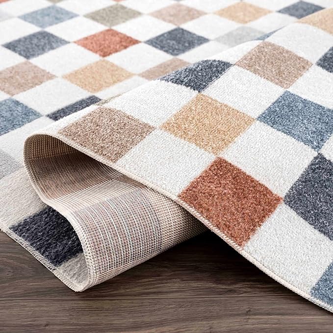 BoutiqueRugs Alia Colorful Modern Checkered Runner Rug - Contemporary Geometric Carpet for Hallway, Girls Boys Room - Machine Washable - White, Blue, Peach, Rust - 2'7" x 7'3" (2x8)