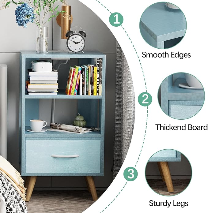 Night Stand with Charging Station, Blue Kids Nightstand with Drawer, 3-Tier Nursery Bedside Table with USB Ports and Outlets, End Table for Small Space, Living Room, Bedroom