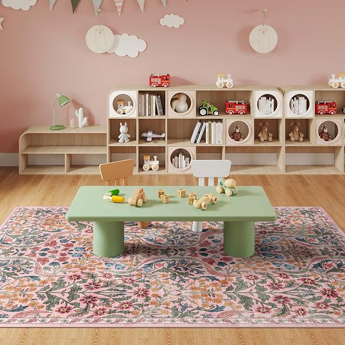6x9 Washable Area Rug for Living Room, Floral Non-Slip Non-Shedding & Easy Care, Soft Low Pile Botanical Indoor Floor Carpet for Living Room, Bedroom, Farmhouse, Dining Room, Kids Playroom, Pink