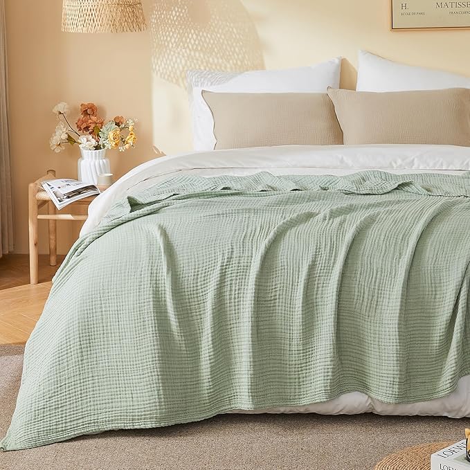 EMME Cotton Muslin Twin XL Blanket Breathable Gauze Soft Lightweight Blankets Adults Gifts for Women (Heather Sage Green, 66"x90")