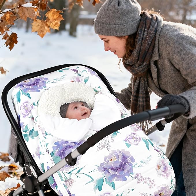Winter Car Seat Cover for Babies Girl Boy, Super Warm Plush Fleece Infant Carseat Cover for Stroller Car Seat, Double Sides Zipper Winter Car Seat Canopy for Newborn, Purple Floral