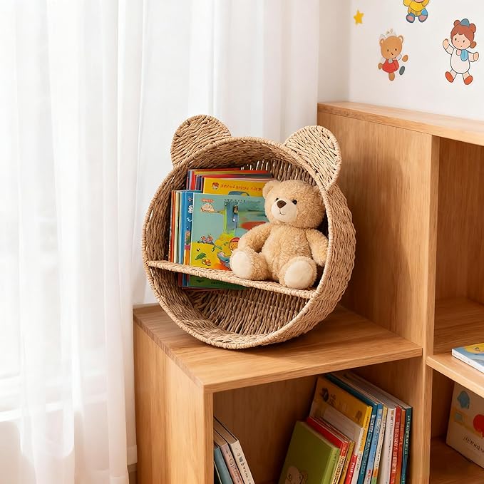 Bear-Shaped Wicker Wall Shelf – Handmade Woven Nursery Bookshelf for Kids Room, Boho Wall-Mounted Storage Organizer for Toys, Books & Décor