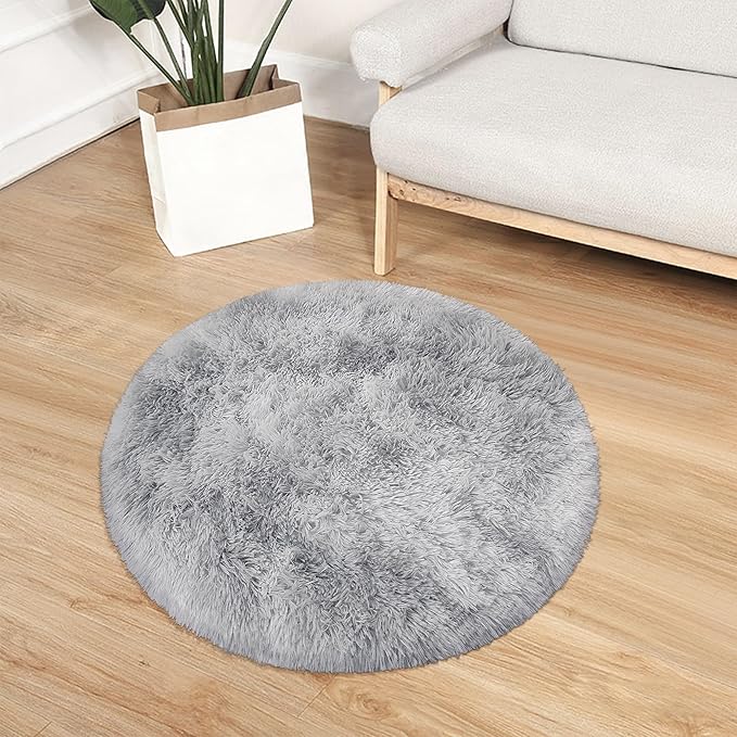 3 ft Small Grey Round Rug for Bedroom,Tie Dyed Soft Shaggy Circle Rug Fluffy Plush Gray Round Carpet for Kids Girls Boys Room Baby Nursery Living Room Playroom Home Decor