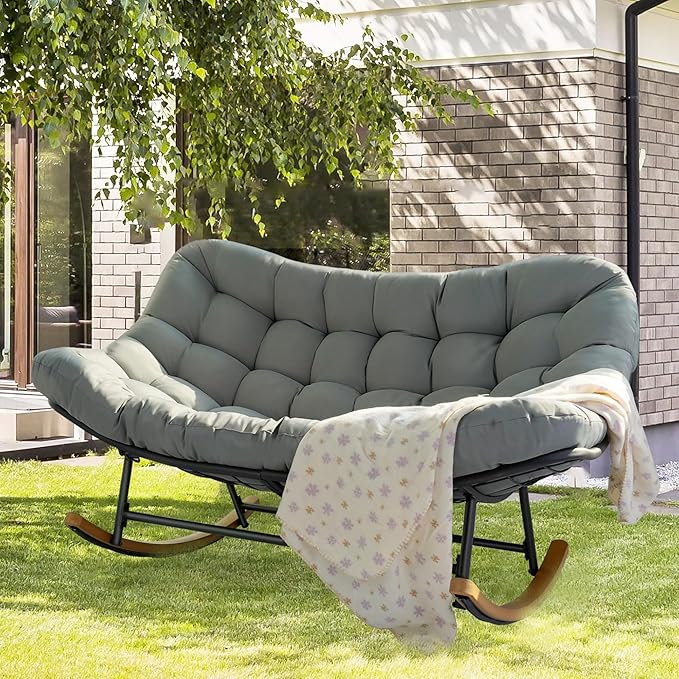 Double Papasan Rocking Chair Outdoor & Indoor, Oversized Rocking Reclining Loveseat with Thick Cushion and Frame, 660LBS Capacity Rocking Egg Chair for Patio Porch Living Room, Gray