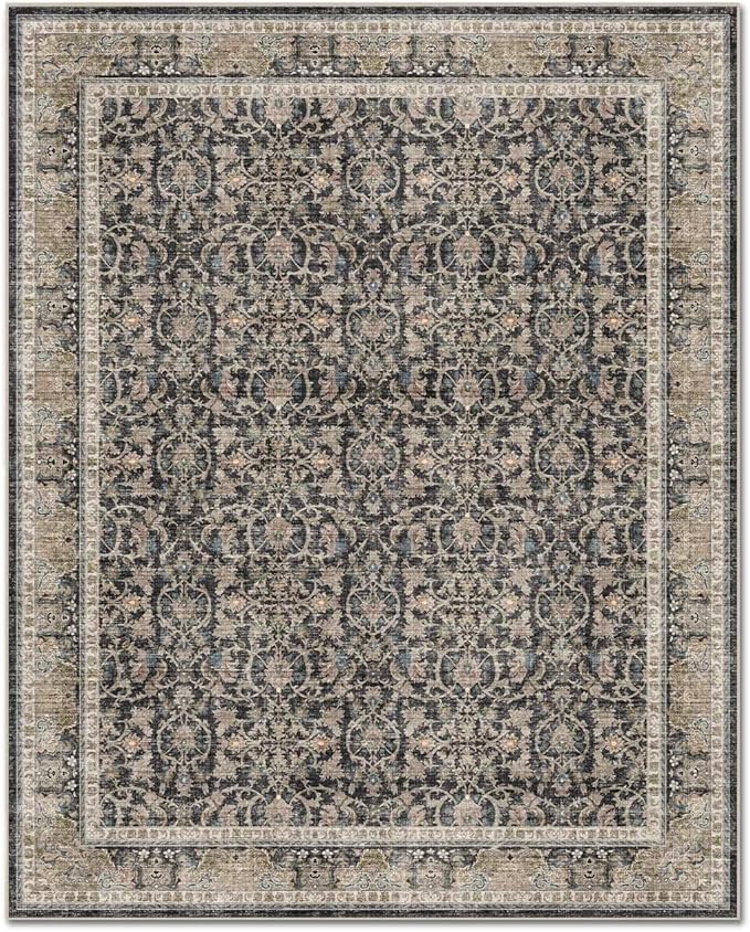 Washable 9x12 Area Rugs for Living Room, Boho Non-Slip Vintage Distress Lager Rugs for Bedroom Dining Room Nursery Office, 0.3" Neutral Oriental Throw Thin Carpet, Black/Brown/Blue/Multi
