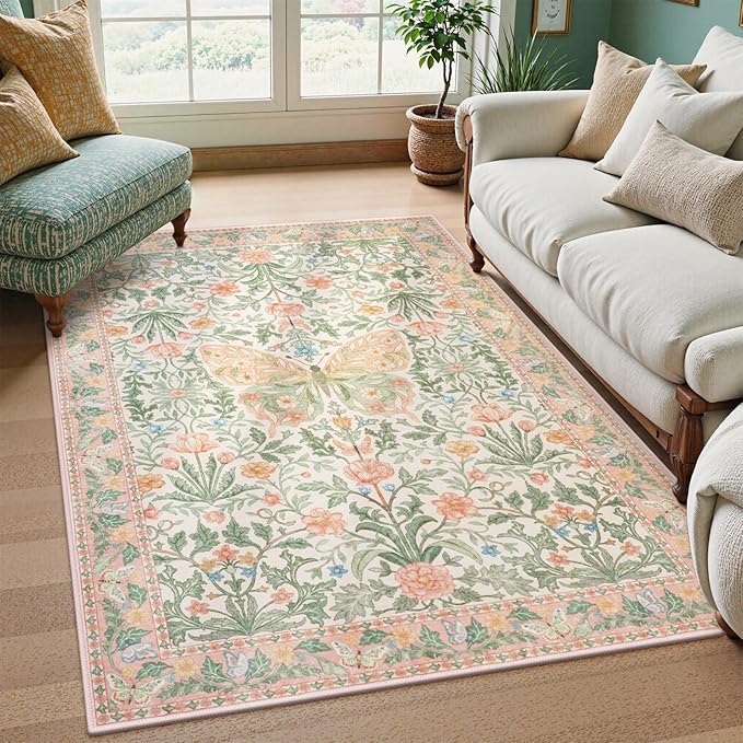 Collive Pink 5x7 Butterfly Area Rug, Vintage Floral Rug for Girls Bedroom Washable Non Slip, Soft Ultra Thin Boho Insect Carpet for Living Room Nursery Kids Room Playroom