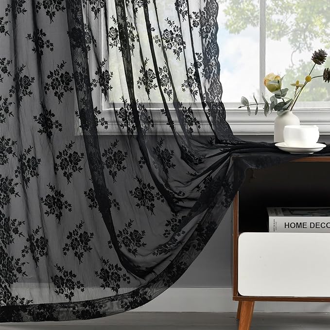 Kotile Black Lace Curtains 45 Inch Length 2 Panels, Country Rustic Floral Gothic Sheer Curtains for Kitchen Window, Rod Pocket Vintage Privacy Sheer Lace Curtain, 42 x 45 Inch Each, 1 Pair, Black