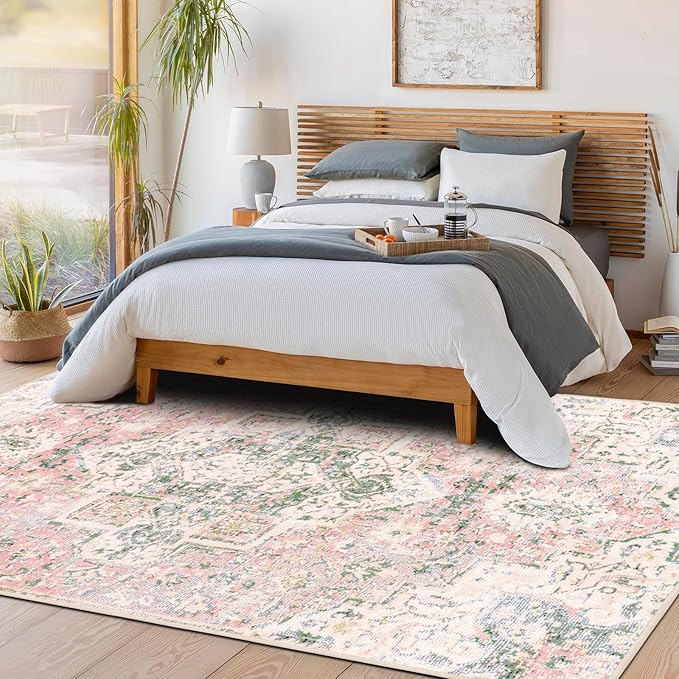 6x9 Washable Area Rugs Green and Pink Rug for Living Room Large Pink Area Rug Soft Boho Vintage Floor Carpet Non-Slip Oriental Rug for Bedside Nursery Dinning Room