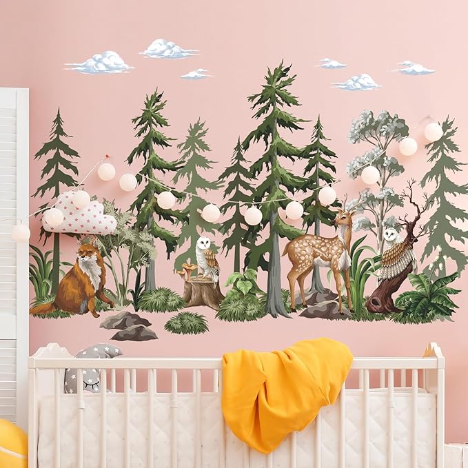 37x58.3 Inch Large Mountain Forest Tree Wall Decals Removable Woodland Animals Fox Deer Peel and Stick Wall Stickers Watercolor Jungle Animals Pine Tree Wall Decor for Kids Bedroom Decoration