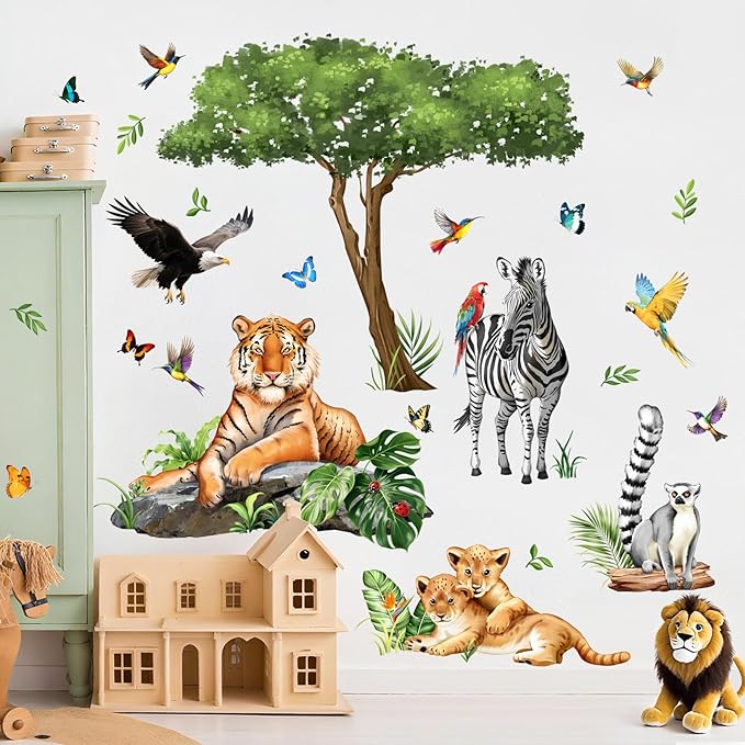 Jungle Safari Animal Wall Decals for Kids Room - Tiger Leopard Zebra Wildlife Wall Stickers Removable Vinyl Nursery Decor for Baby Toddlers Bedroom Classroom Playroom