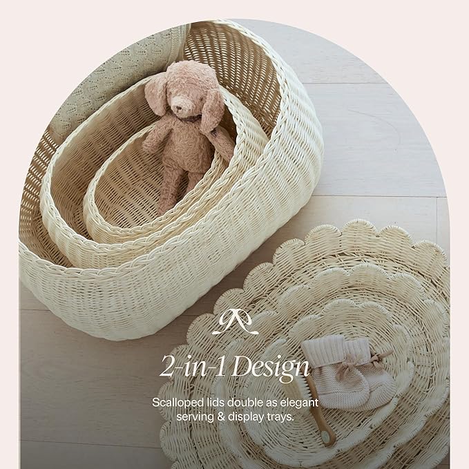 BEBE BASK Large Scalloped Basket Set Of 3 - Hand-Woven & Award-Winning Scallop Basket - XL - Extra Large for Blankets 22 x 16 x 10 In - Elegant Wicker With Scalloped Edge Lid (Natural)
