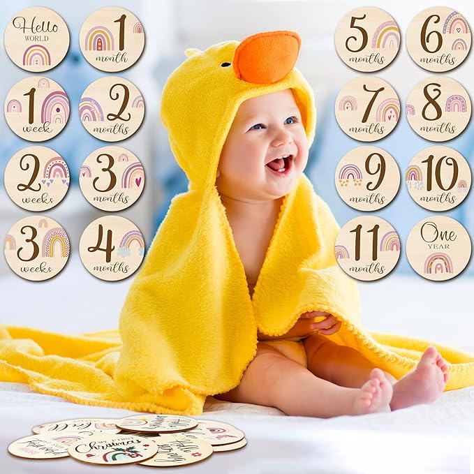 Tiamon 16 Pieces Wooden Baby Monthly Milestone Cards Monthly Milestone Marker Discs Double Sided Wooden Circles Months Signs for Baby Shower Newborn Photo Props(Rainbow)