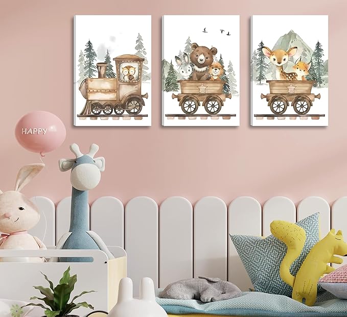 3Pcs Framed Woodland Animal Nursery Canvas Wall art Forest Wildlife Train Adventure Drawing Picture Wall Decor Fox Bear Deer Rabbit Owl Poster Printings for Boys Girls Room Home Decoration