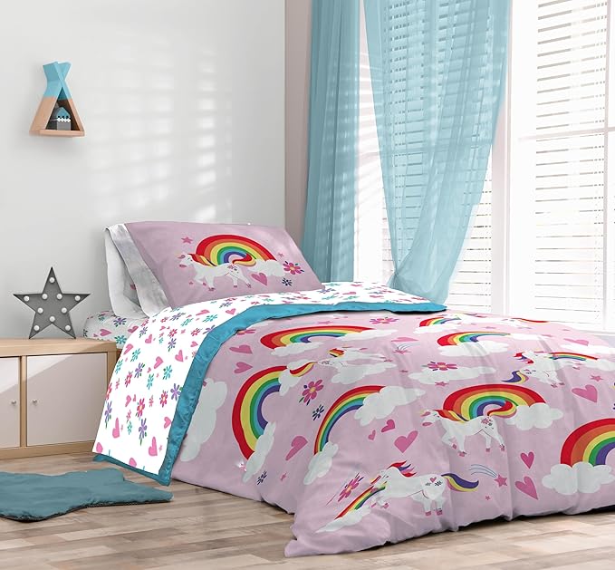 Sunny Side Up Rainbow Unicorns Twin Comforter Set - 5 Piece Kids Bedding Includes Comforter, Sheets & Pillow Cover - Super Soft Pink Floral Microfiber Bed Set