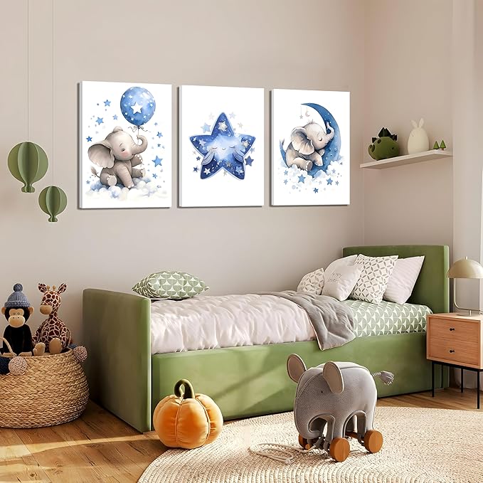 Baby Boy Nursery Canvas Wall Art Set of 3, Blue Elephant Moon and Stars Picture Wall Decor Painting, Cute Animal Baby Girl Nursery Posters Prints for Kids Room Bedroom 12x16 In Framed
