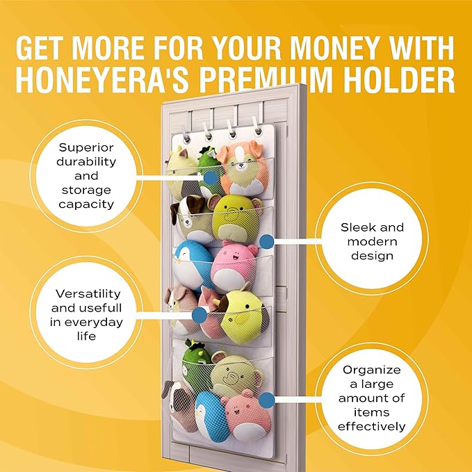 Squishmallow Holder - Over The Door Space Saving Storage Solution with 5 Large Pockets - Quick 1-Minute Installation - Organize and Display Squishmallows - Durable and Easy Access for Kids